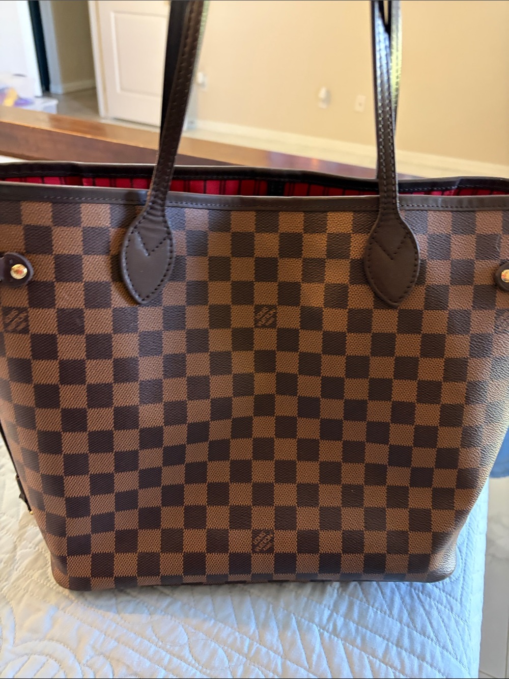 Louis Vuitton Brown Damier Ebene Tote with Red Interior